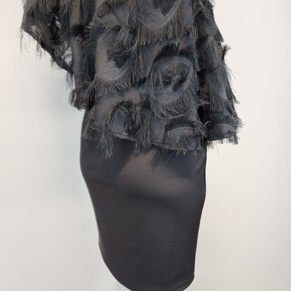 TCEC Asymmetric One Shoulder Black Dress Size S Fringe Evening New Years Party - Picture 10 of 16